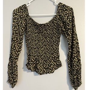 Hollister Black & Yellow Smocked Floral Long Sleeve Top